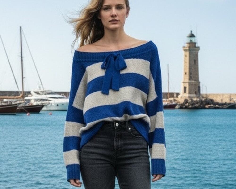 Free People Sweater Oversized Nautical Blue Beige Stripe SZ Sm Office Relaxed